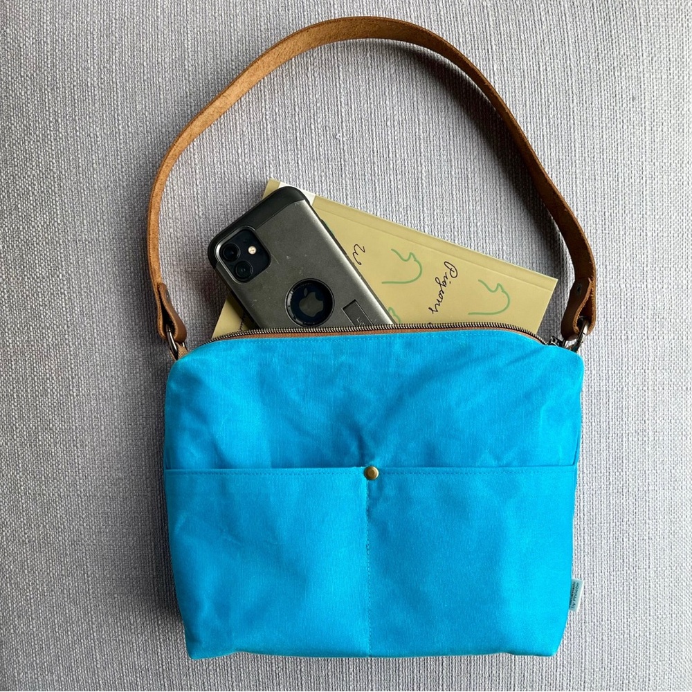 handmade casual everyday ocean blue waxed canvas shoulder bag